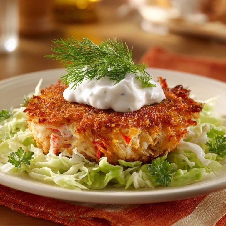 Knusprige Krabbenkuchen mit Dillcreme und Coleslaw, serviert auf einem Teller und garniert mit frischem Dill.