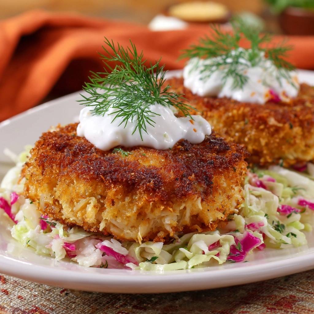 Knusprige Krabbenkuchen mit Dillcreme und Coleslaw, serviert auf einem Teller mit Nahaufnahme der Textur und Garnitur.