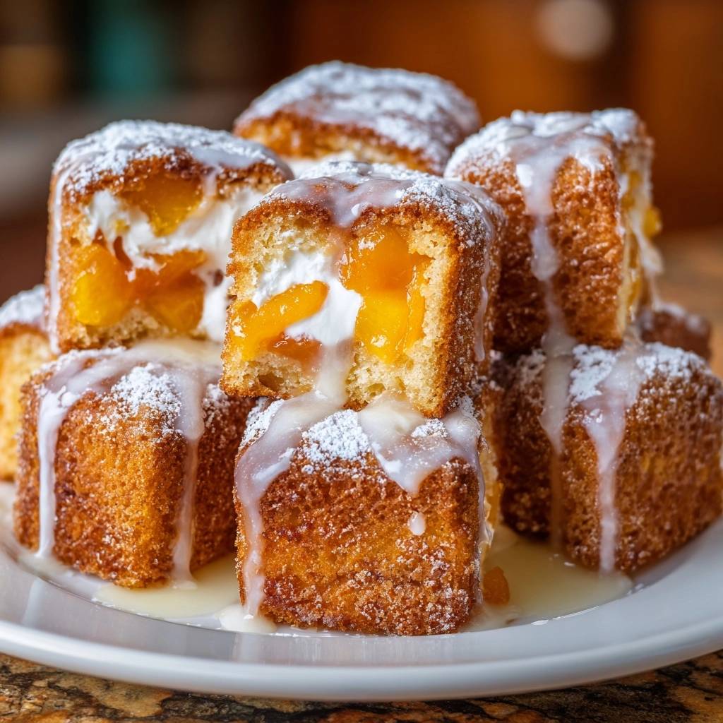 Knusprige Orangen-Creme-Würfel im Anschnitt mit saftiger Füllung und Puderzucker bestäubt.