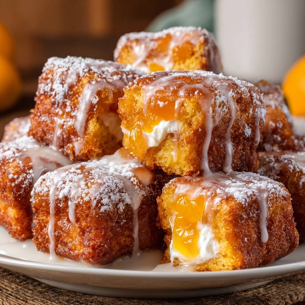 Knusprige Orangen-Creme-Würfel mit saftiger Füllung und Zuckerguss im Querschnitt auf einem Teller.