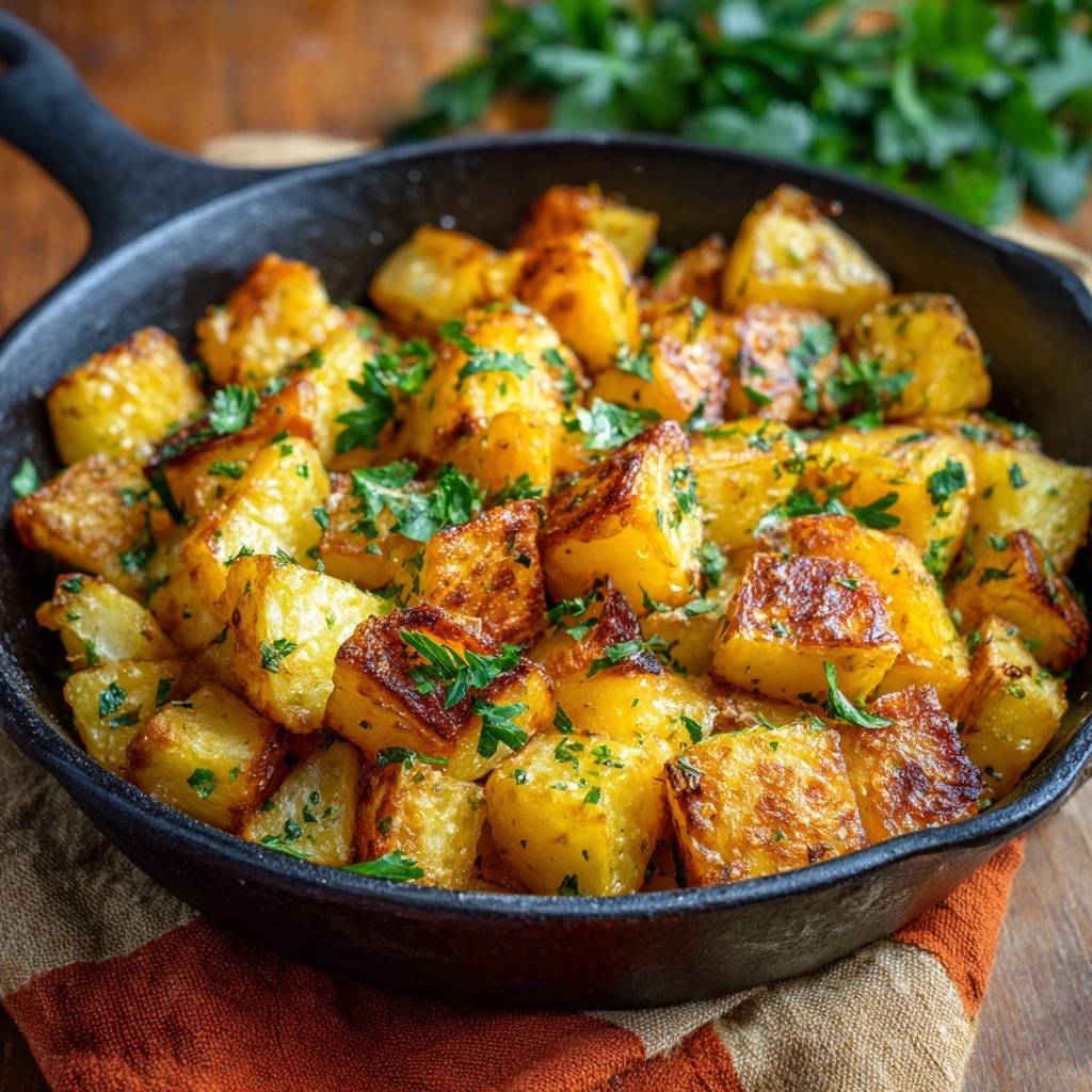 Knusprige Pfannkartoffeln in einer Gusseisenpfanne mit frischer Petersilie garniert, bereit zum Servieren.