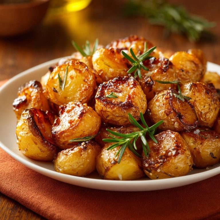 Knusprige Rosmarin-Babykartoffeln, nahaufnahme mit frischem Rosmarin und grobem Salz garniert auf einem weißen Teller.