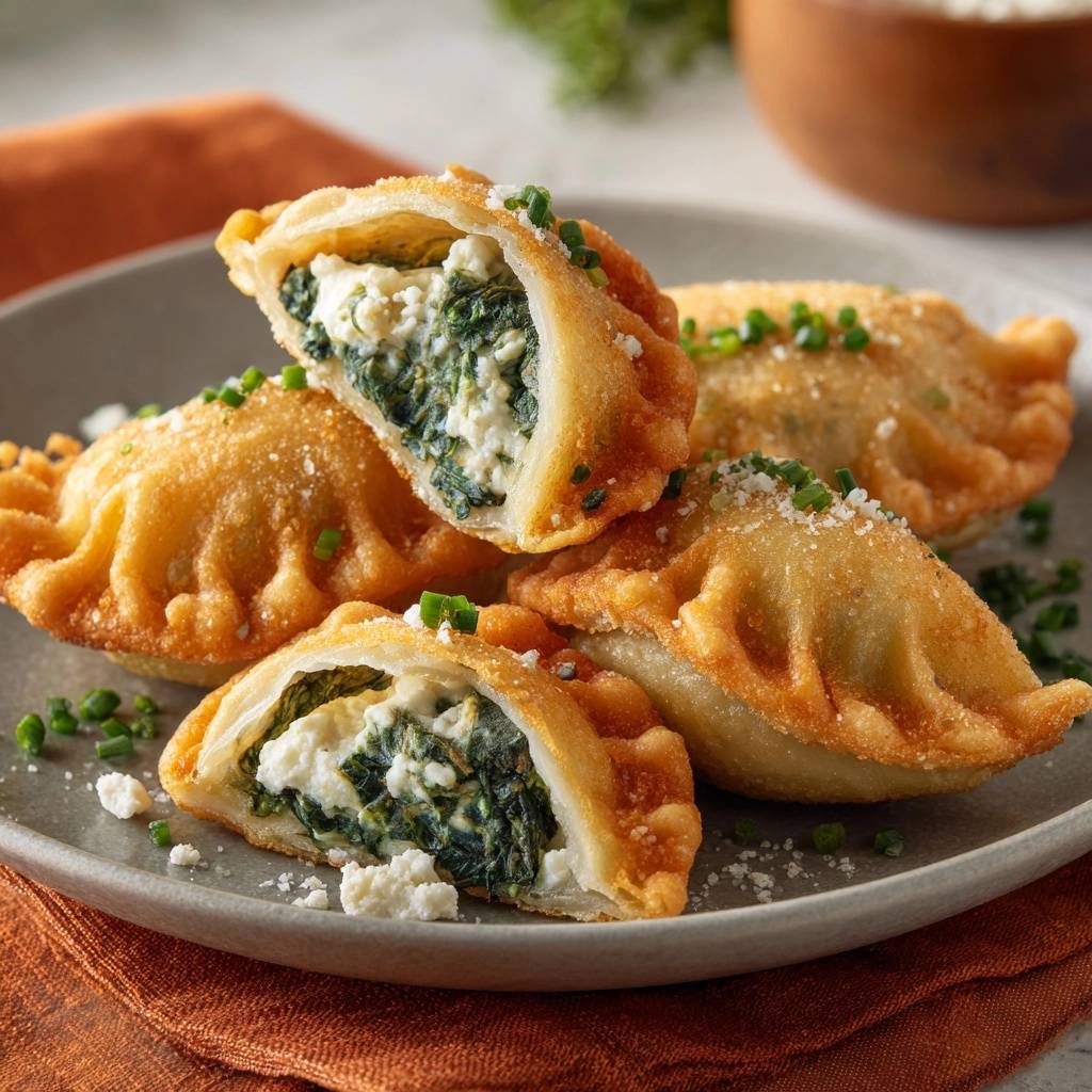 Knusprige Spinat-Feta-Teigtaschen angeschnitten, die cremige Füllung aus Spinat und Feta sind deutlich sichtbar.