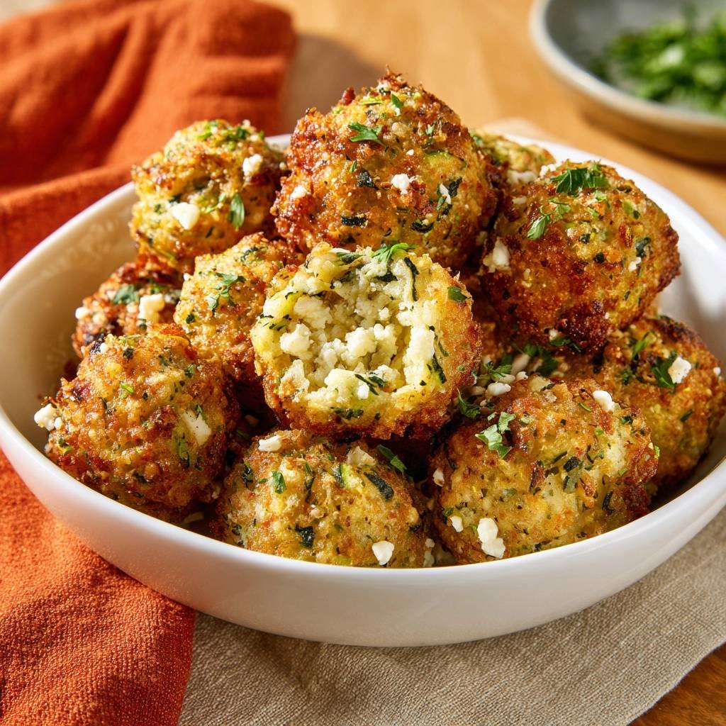 Knusprige Zucchini-Feta-Bällchen angeschnitten, die den reichhaltigen und käsigen Kern offenbaren.