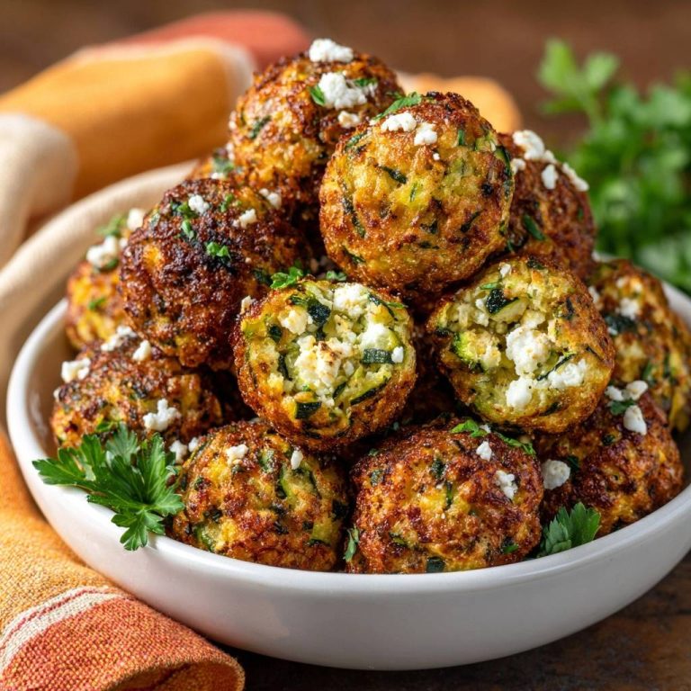 Knusprige Zucchini-Feta-Bällchen mit einem Blick auf das zarte Innere mit zerbröseltem Feta-Käse.