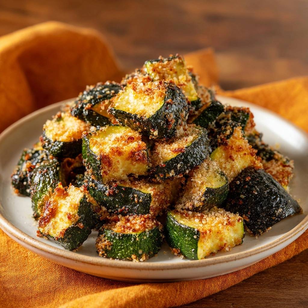 Knusprige Zucchini-Nuggets mit einer goldbraunen, texturierten Panade, nahaufnahme auf einem Teller serviert.