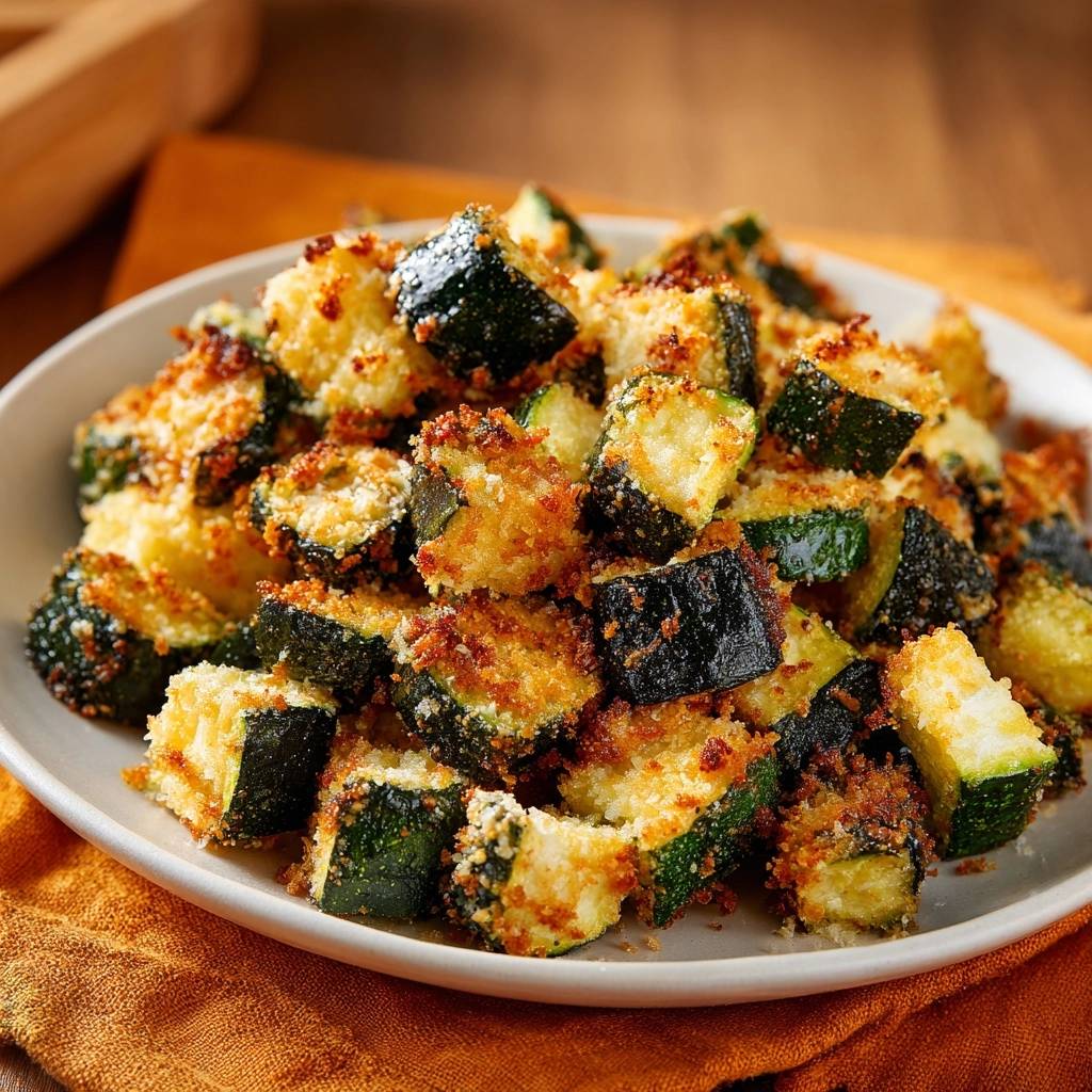 Knusprige Zucchini-Nuggets mit goldbrauner Panade, detailnah im Fokus, auf einem weißen Teller serviert.