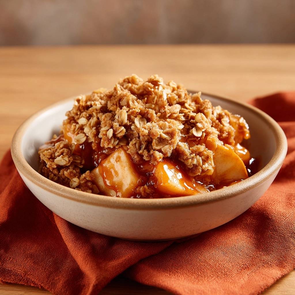 Knuspriger Apfel-Crumble mit karamellisierten Äpfeln und goldenem Haferflocken-Topping in einer Schüssel.