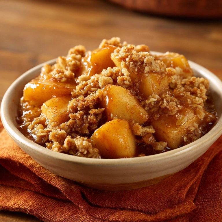 Knuspriger Apfel-Crumble mit einer detailreichen Nahaufnahme des goldbraunen Streuseltoppings und saftiger Apfelstücke.