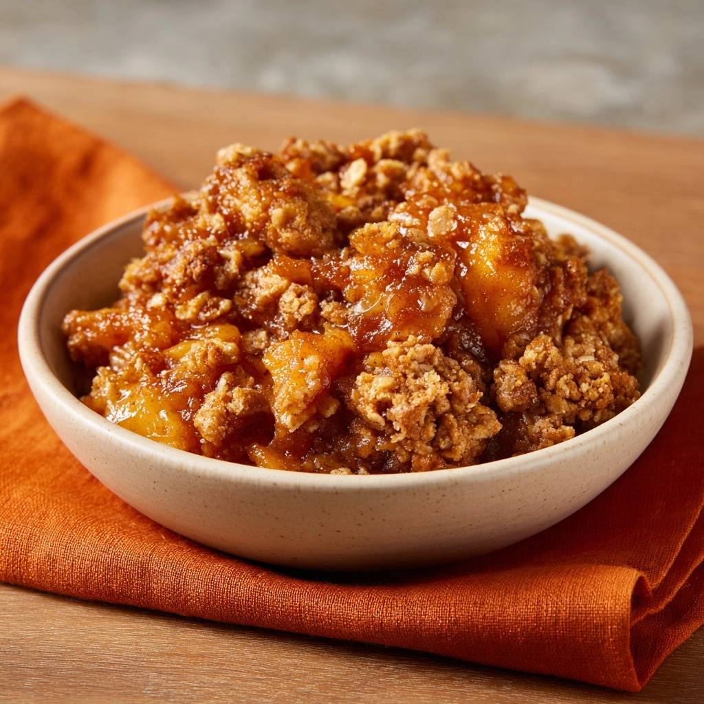 Knuspriger Apfel-Hafer-Crumble im Detail mit sichtbarer Apfelfüllung und knuspriger Streuselschicht.