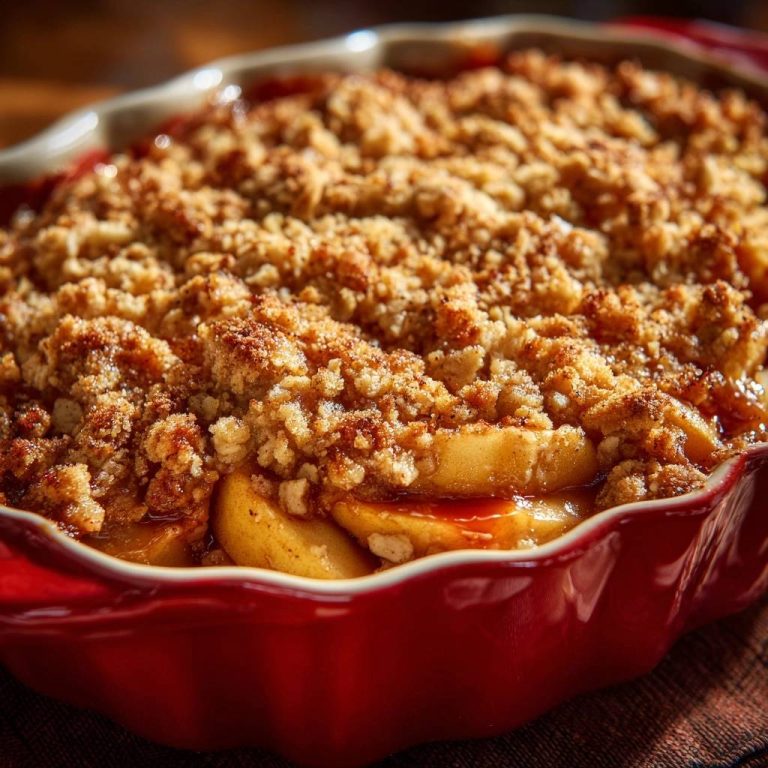 Knuspriger Apfelstreusel in einer roten Auflaufform, nahaufnahme der knusprigen Streusel und der darunter liegenden Äpfel.