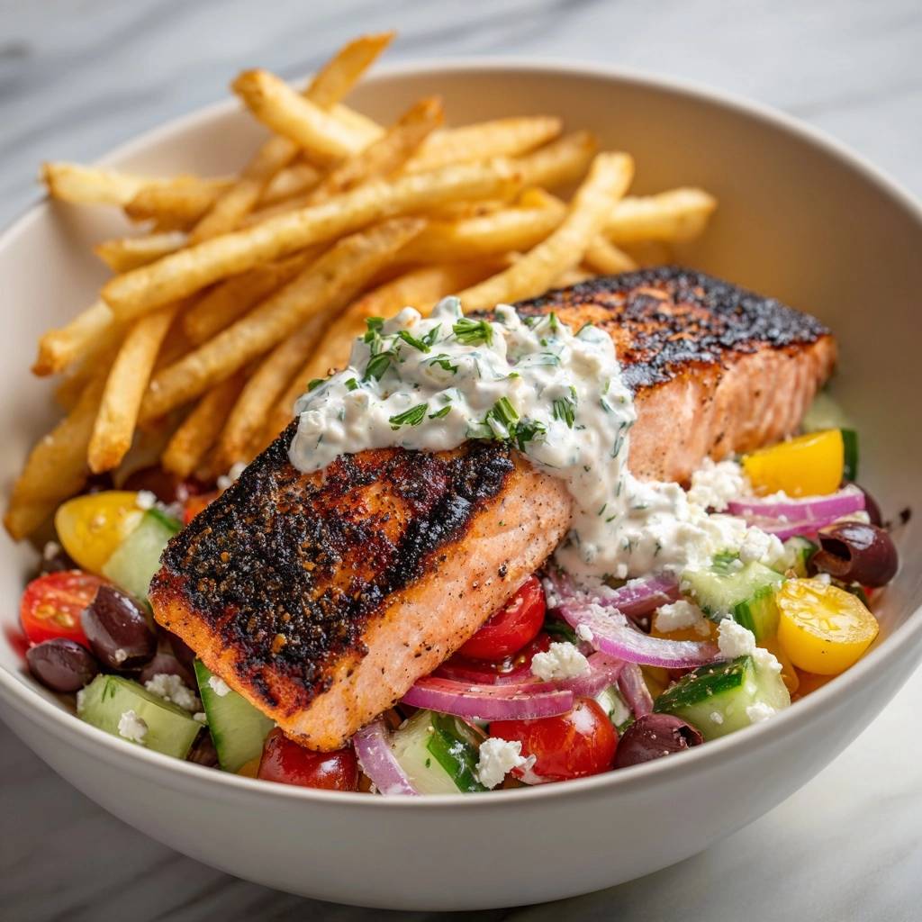 Knuspriger Blackened Lachs mit Griechischem Salat und Pommes, serviert mit einer Gabel und einer cremigen Sauce in Nahaufnahme.