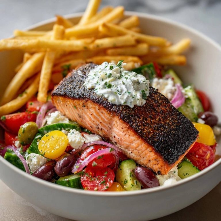Knuspriger Blackened Lachs mit Griechischem Salat und Pommes, nahaufnahme des Lachsfilets mit topping auf dem Salat