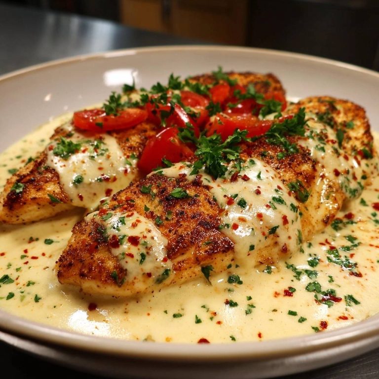 Knuspriger Fisch in cremiger Paprika-Soße, garniert mit Kirschtomaten und Petersilie, auf einem Teller serviert.