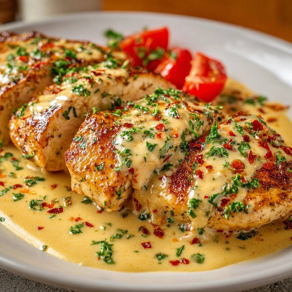 Knuspriger Fisch in cremiger Paprika-Soße, Nahaufnahme des saftigen Fischs mit Soße und Kräutern garniert.