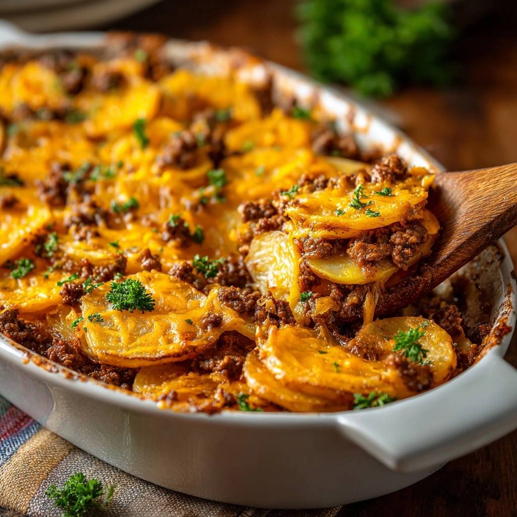 Knuspriger Hack-Kartoffel-Auflauf mit einem Holzkochlöffel, der eine Portion aus dem Auflauf hebt.