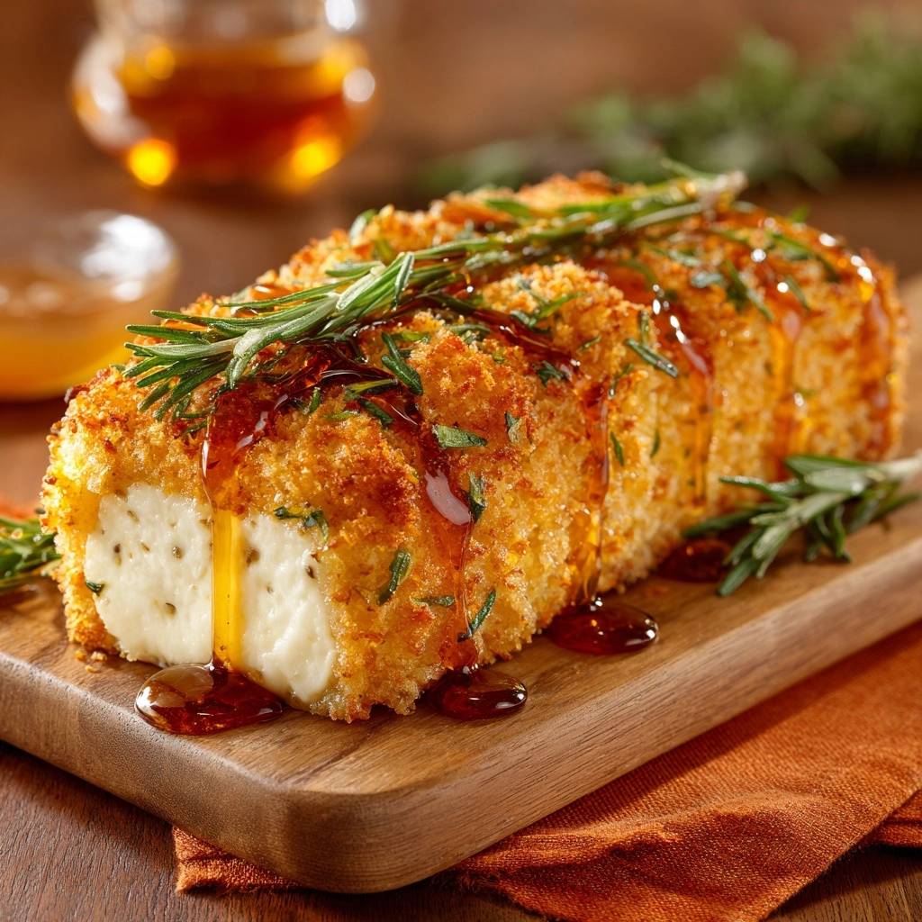 Knuspriger Honig-Rosmarin-Halloumi angeschnitten mit geschmolzenem Käse und Honig-Rosmarin-Garnitur auf einem Holzbrett