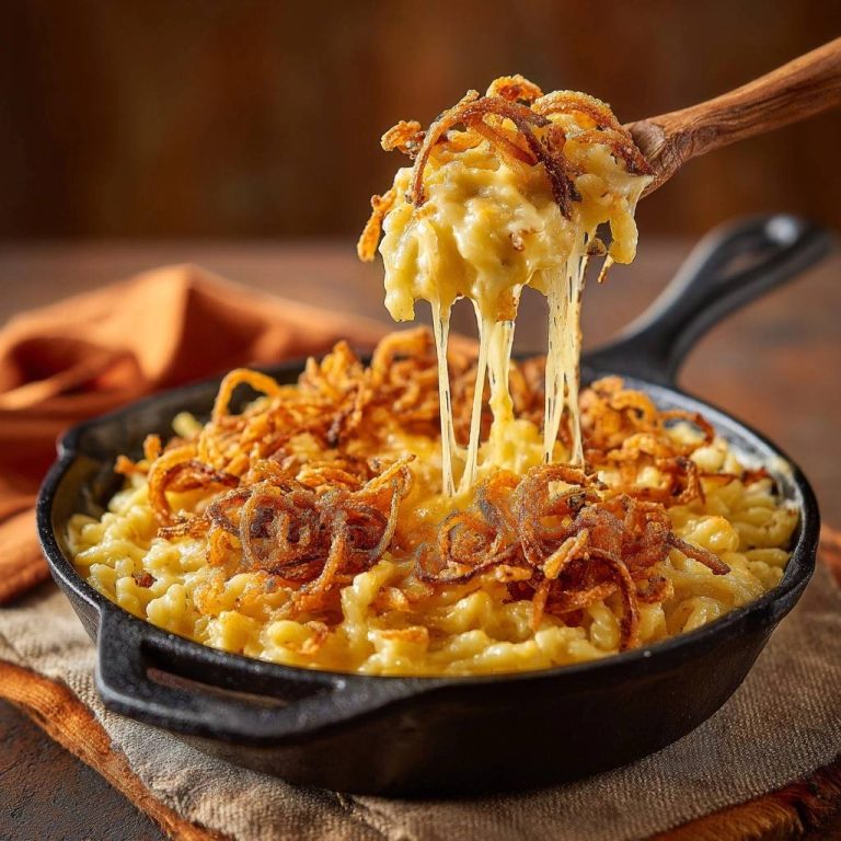Knuspriger Skillet Mac and Cheese mit knusprigen Zwiebeln, nahaufnahme des schmelzenden Käses auf einem Holzlöffel.