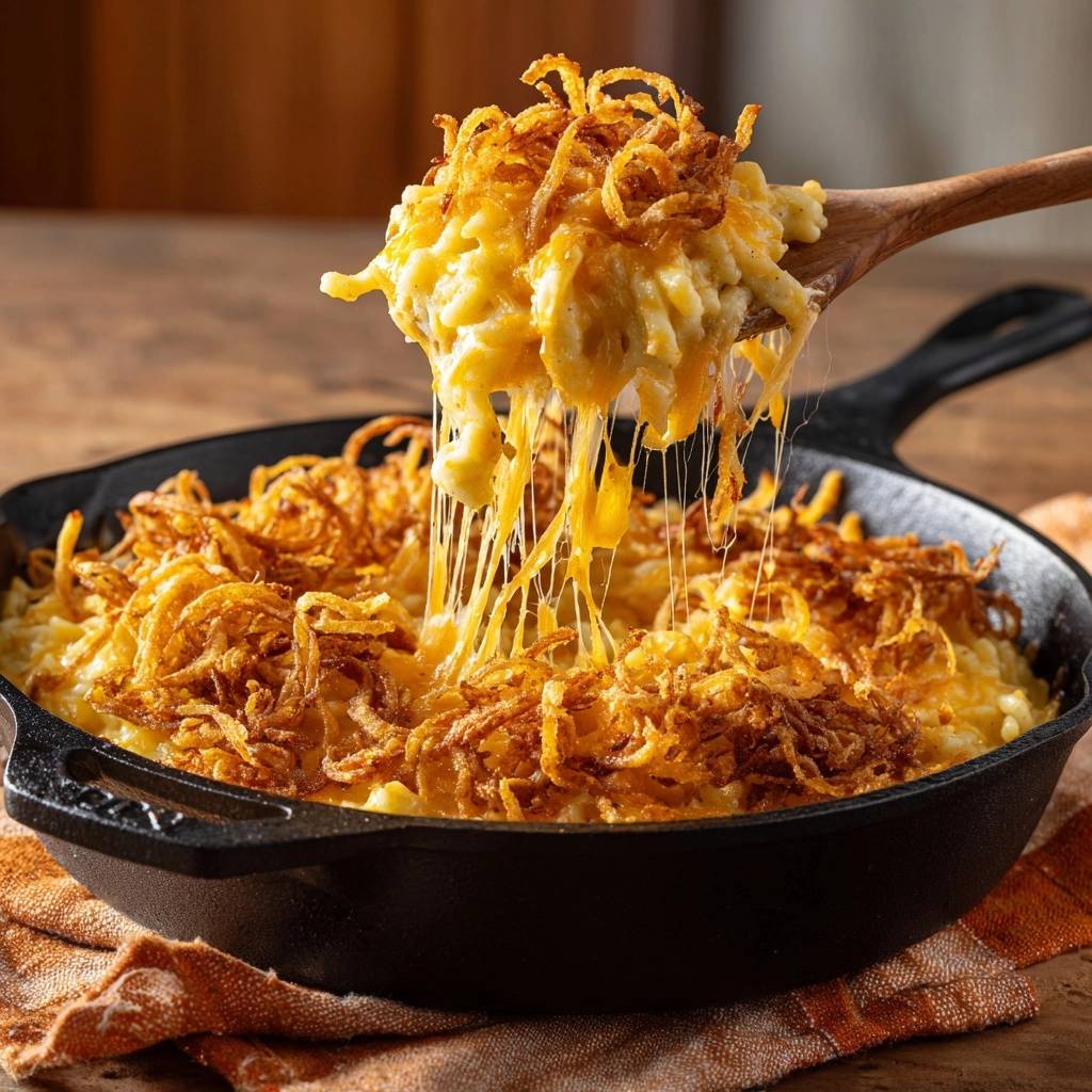 Knuspriger Skillet Mac and Cheese mit geschmolzenem Käse, der von einem Löffel herunterhängt.