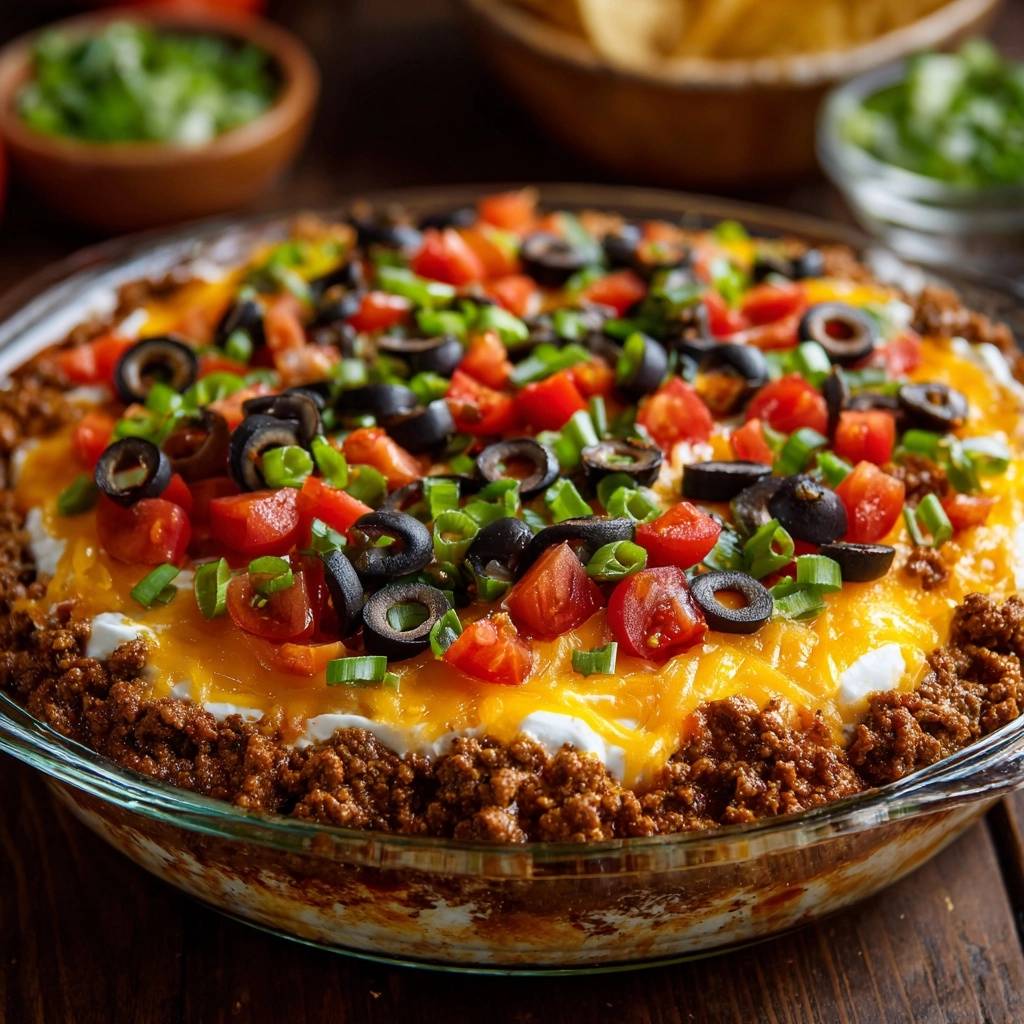 Knuspriger Taco-Pie, garniert mit schwarzen Oliven, Tomaten und Frühlingszwiebeln, in einer Glasform serviert.