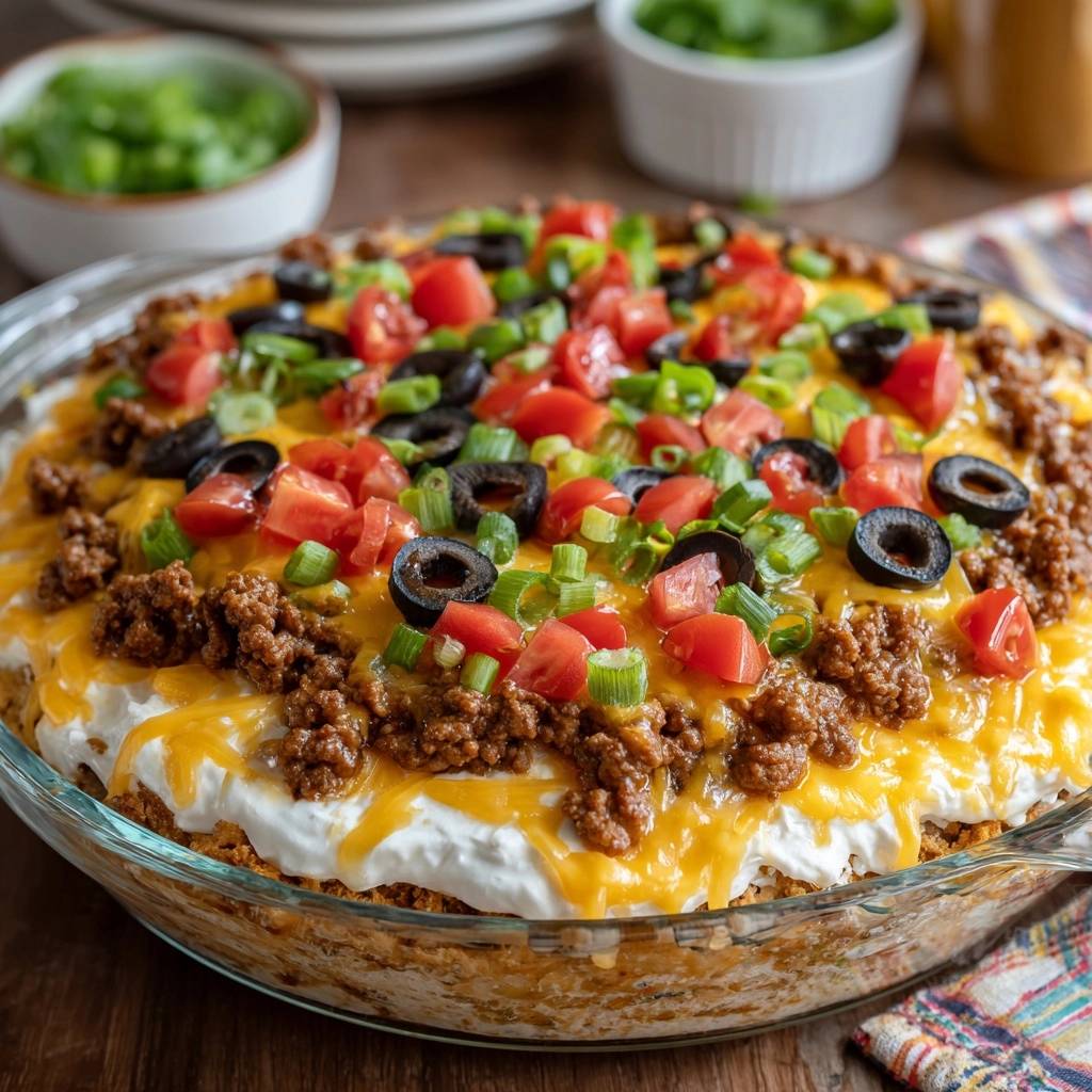 Knuspriger Taco-Pie, garniert mit Tomaten, Oliven und Frühlingszwiebeln in einer Glasform.
