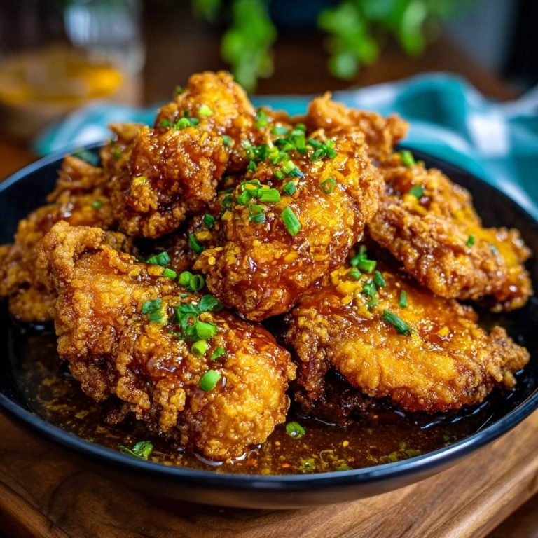 Knuspriges Glasur-Hähnchen mit Double-Fry-Trick, garniert mit frischen Frühlingszwiebeln und glänzender Sauce.