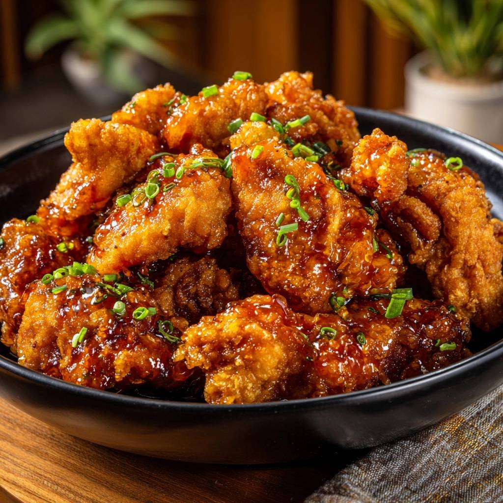 Knuspriges Glasur-Hähnchen mit Double-Fry-Trick, serviert in einer Schüssel und garniert mit frischen Frühlingszwiebeln.