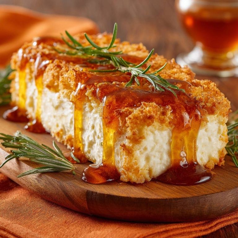 Knuspriges Halloumi mit Honig-Rosmarin, angeschnitten mit einer glänzenden Honigglasur und Rosmarinzweigen garniert.