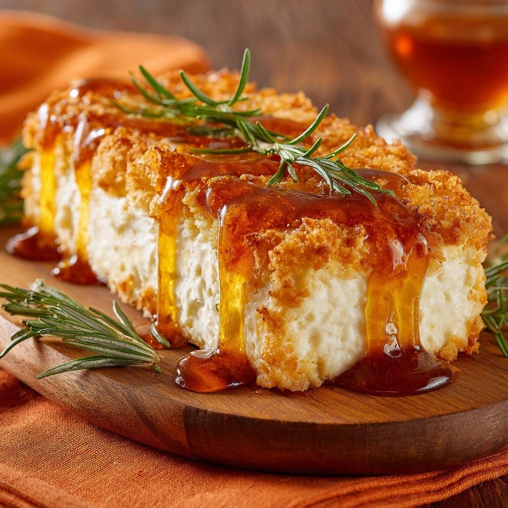 Knuspriges Halloumi mit Honig-Rosmarin, angeschnitten mit einer glänzenden Honigglasur und Rosmarinzweigen garniert.