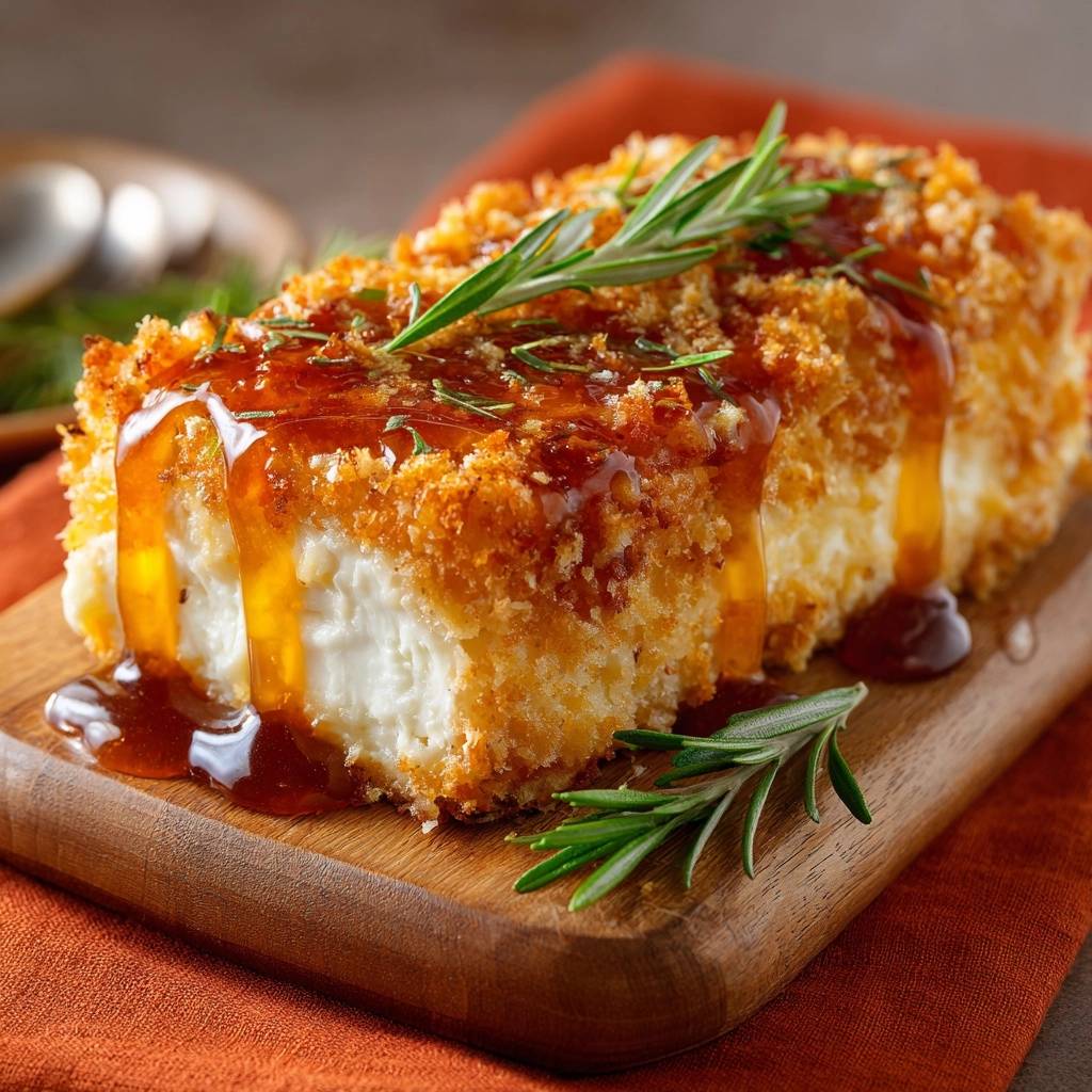Knuspriges Halloumi mit Honig-Rosmarin, nahaufnahme des goldbraunen panierten Käses mit Honigglasur und frischem Rosmarin.