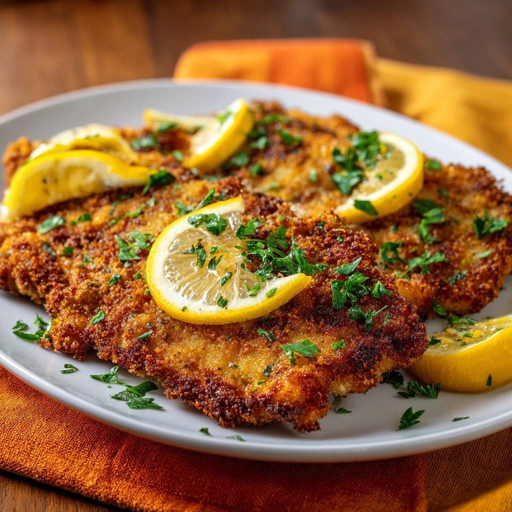 Knuspriges Hähnchenschnitzel auf einem Teller serviert, garniert mit frischer Petersilie und Zitronenscheiben.