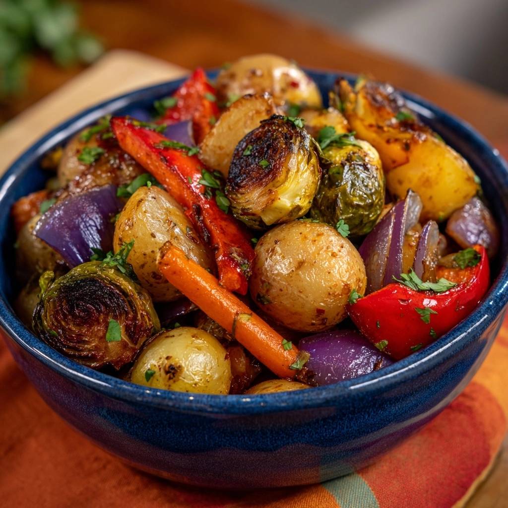 Knuspriges Ofengemüse mit Rosenkohl und Babykartoffeln, eine Nahaufnahme des bunten Gemüses in einer blauen Schüssel.