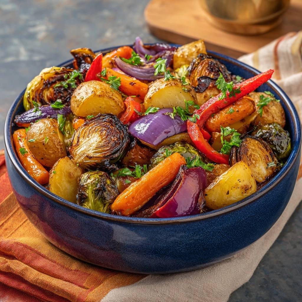 Knuspriges Ofengemüse mit Rosenkohl und Babykartoffeln, serviert in einer blauen Schüssel mit frischer Petersilie garniert.