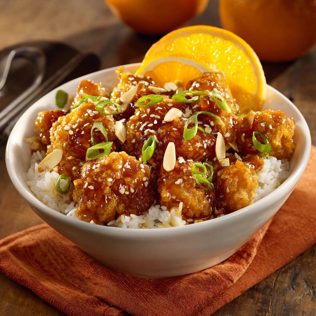 Knuspriges Orangen-Hähnchen auf Reis, garniert mit Mandeln, Frühlingszwiebeln und Sesam, mit einem Orangenschnitz.