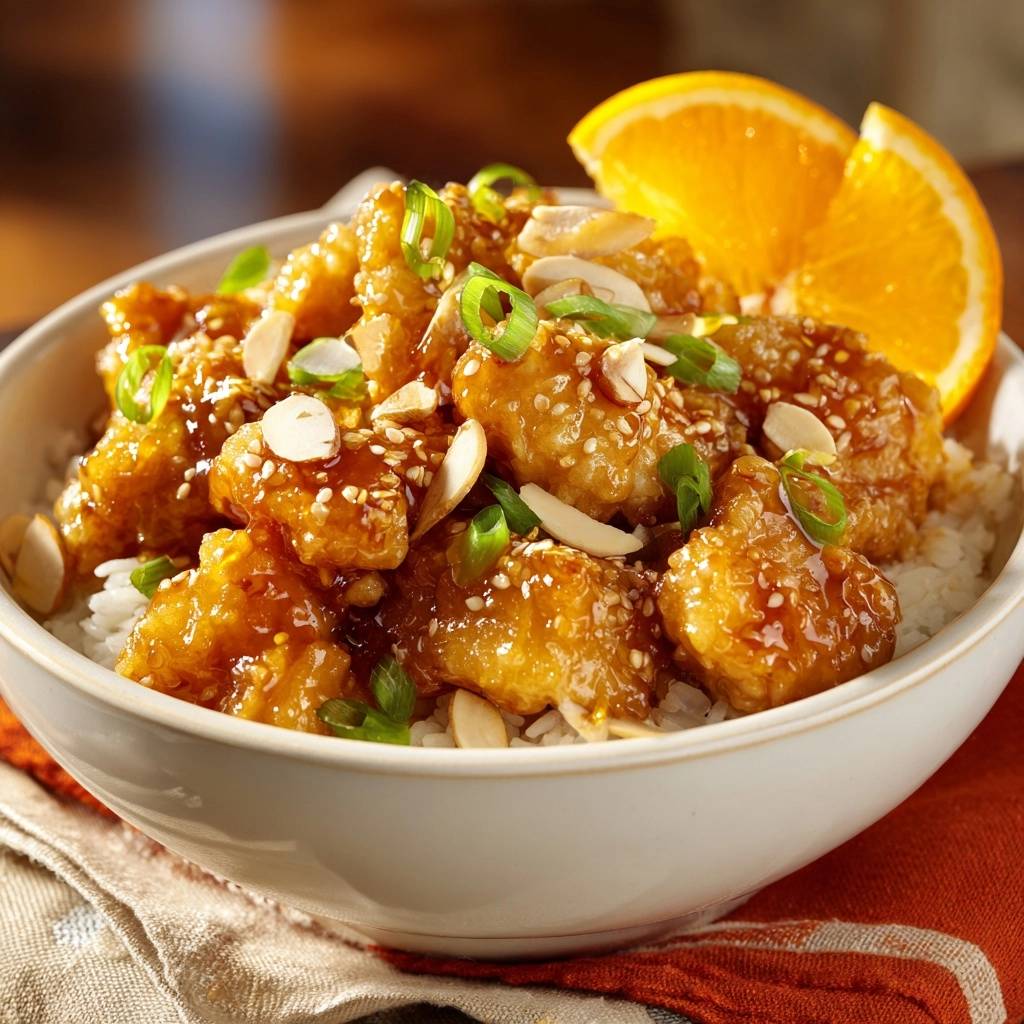 Knuspriges Orangen-Hähnchen auf Reis, garniert mit Mandeln und Frühlingszwiebeln, mit Orangenscheiben serviert.
