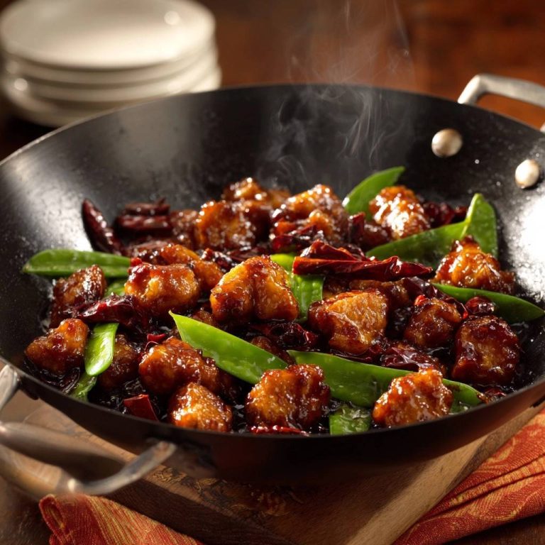 Knuspriges Wok-Hähnchen mit Schneeerbsen, frisch zubereitet im Wok mit aufsteigendem Dampf.