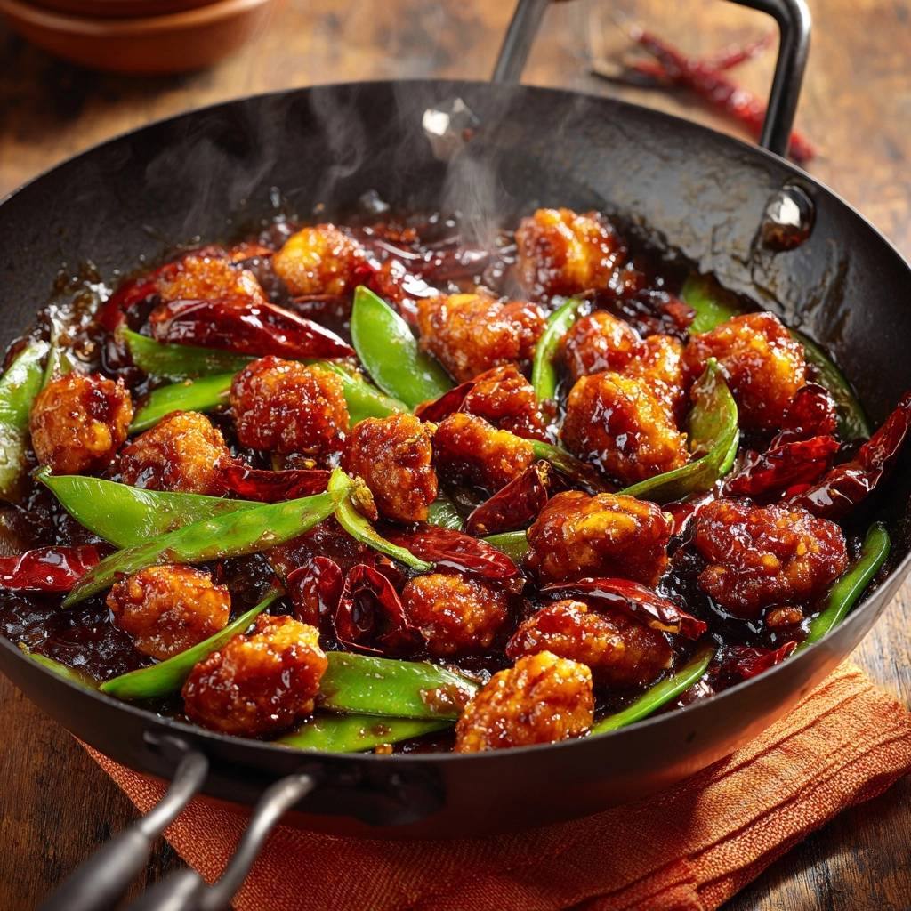 Knuspriges Wok-Hähnchen mit Schneeerbsen, serviert in einem Wok mit glasiertem Hähnchen und roten Chilis.