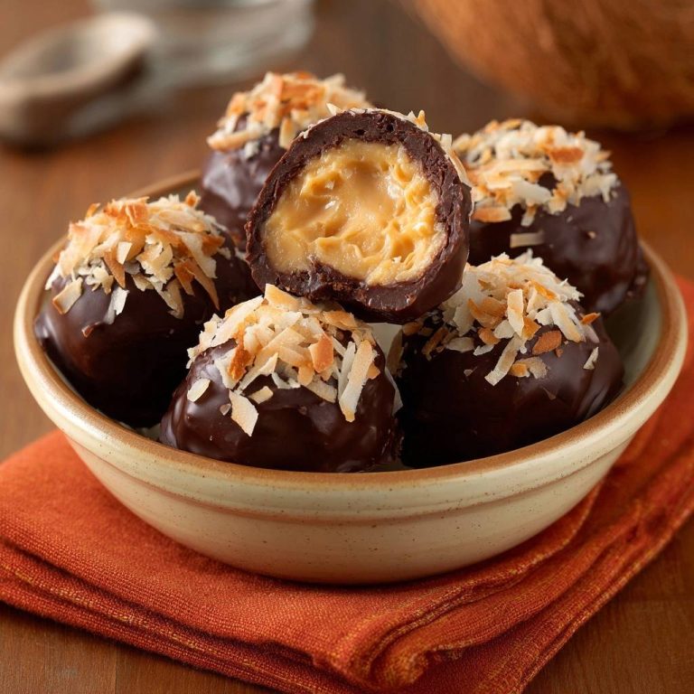 Kokos-Karamell-Pralinen, eine Praline angeschnitten, um das cremige Innere und die dunkle Schokoladenhülle zu zeigen.