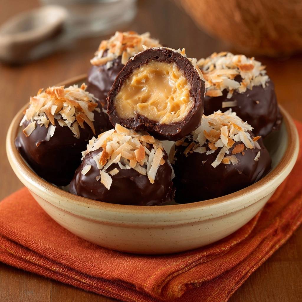 Kokos-Karamell-Pralinen, eine Praline angeschnitten, um das cremige Innere und die dunkle Schokoladenhülle zu zeigen.