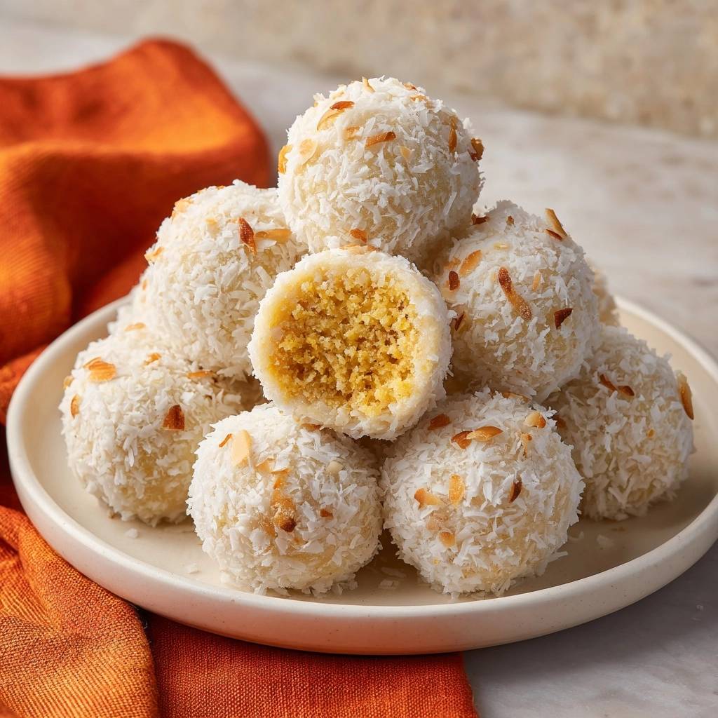 Kokos-Karotten-Ladoos angeschnitten, die die goldgelbe Füllung und die Kokosraspeln außen zeigen.