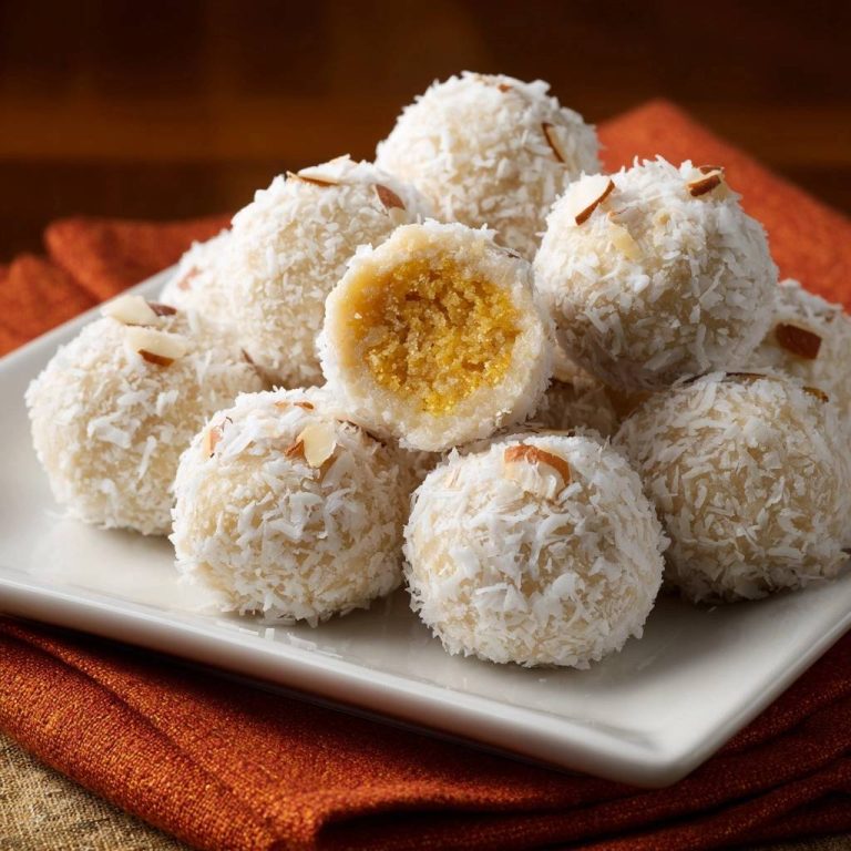 Kokos-Karotten-Ladoos angeschnitten, die cremige Kokoskruste und die leuchtend gelbe Karottenfüllung sind gut sichtbar.