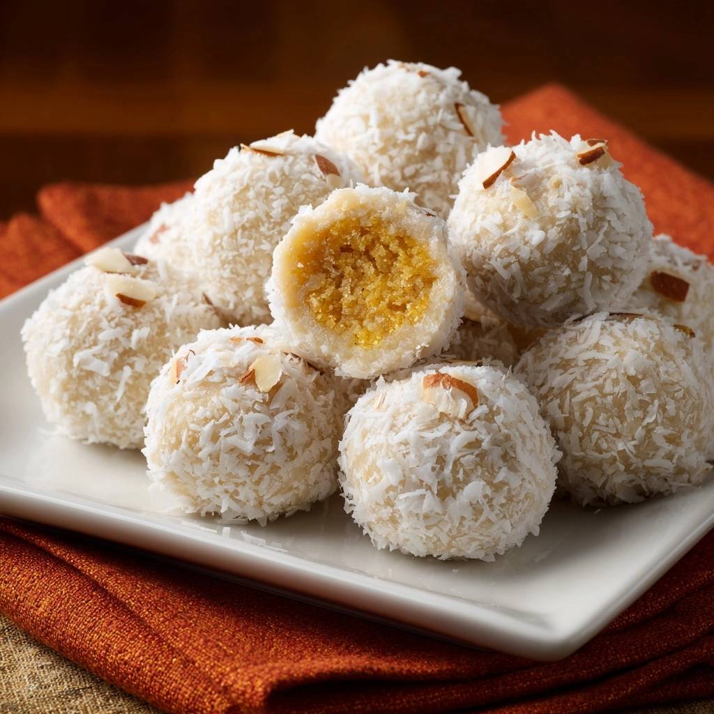 Kokos-Karotten-Ladoos angeschnitten, die cremige Kokoskruste und die leuchtend gelbe Karottenfüllung sind gut sichtbar.