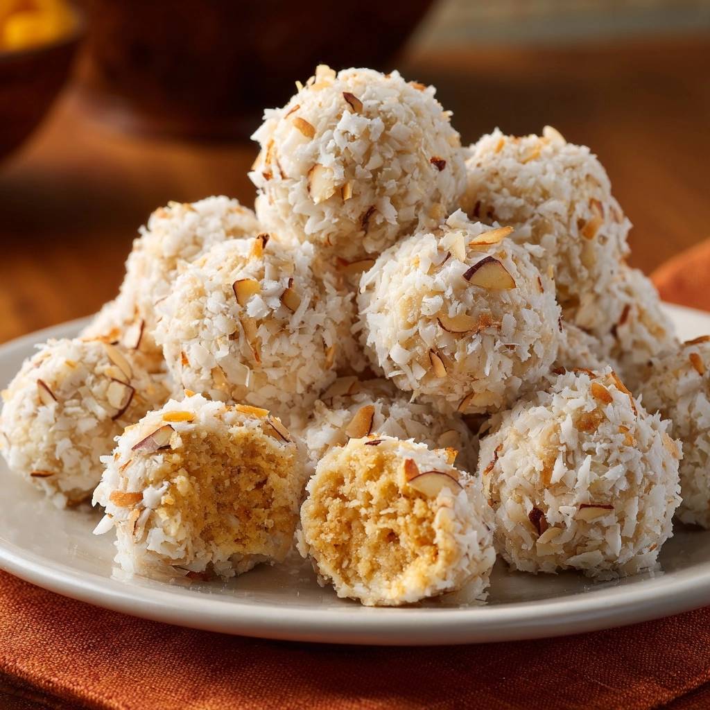 Kokos-Mandel-Bällchen angeschnitten auf einem Teller, mit sichtbarem Kern und Kokosraspeln überzogen.
