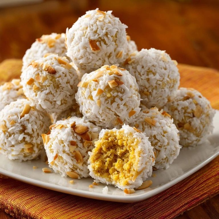 Kokos-Mandel-Bällchen angeschnitten, um den saftigen gelben Kern und die Kokos-Mandel-Hülle zu zeigen.