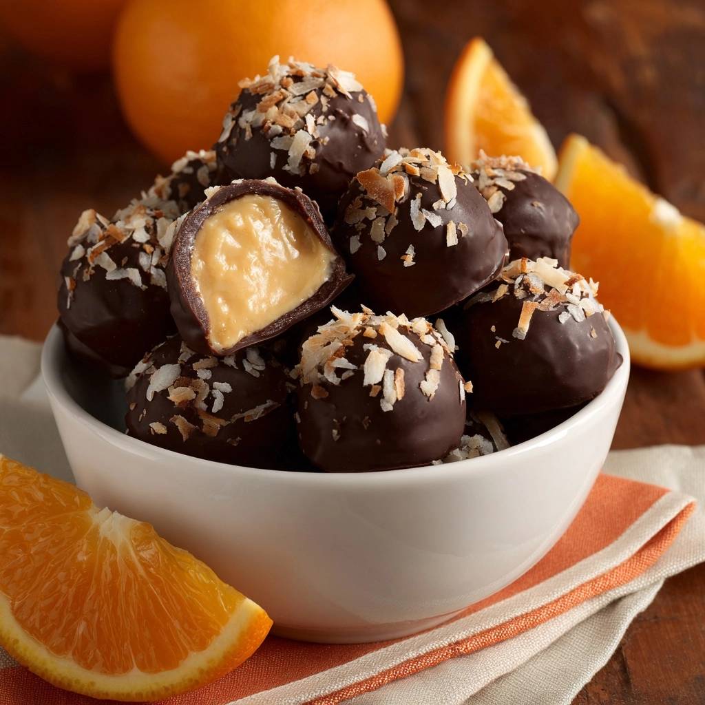 Kokos-Orangen-Karamell-Trüffel, eine Praline angeschnitten, zeigt die cremige Füllung und Kokosraspeln.