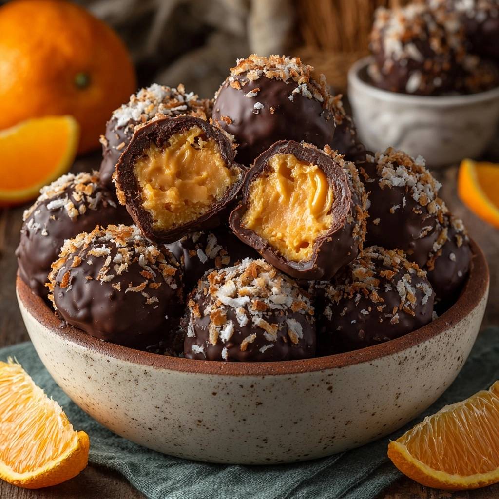 Kokos-Orangen-Schoko-Trüffel angeschnitten, die saftige Füllung und Kokosraspeln sind sichtbar