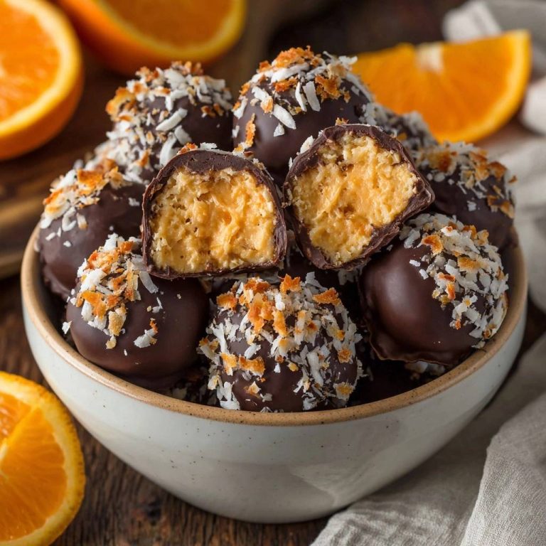 Kokos-Orangen-Schoko-Trüffel angeschnitten, mit vielen Schokoladentrüffeln und Kokosraspeln in einer Schüssel, umgeben von Orangenscheiben.