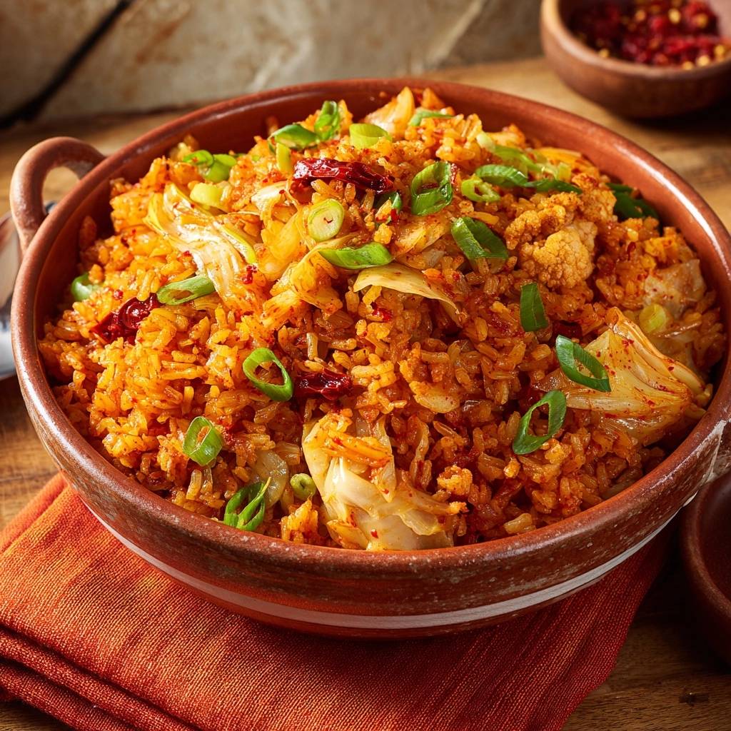 Koreanischer Kimchi Fried Rice nah aufgenommen in einer rustikalen Schüssel, garniert mit Frühlingszwiebeln und getrockneten Chilis.