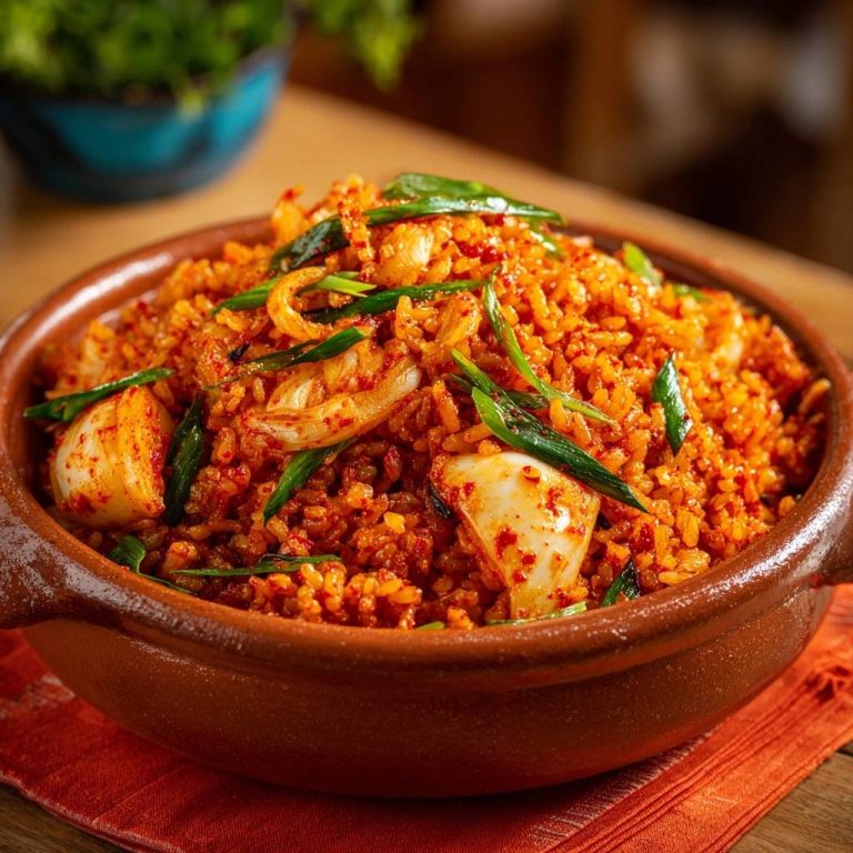 Koreanischer Kimchi Fried Rice, serviert in einer rustikalen Tonschüssel mit Garnitur aus Frühlingszwiebeln und Kimchi.