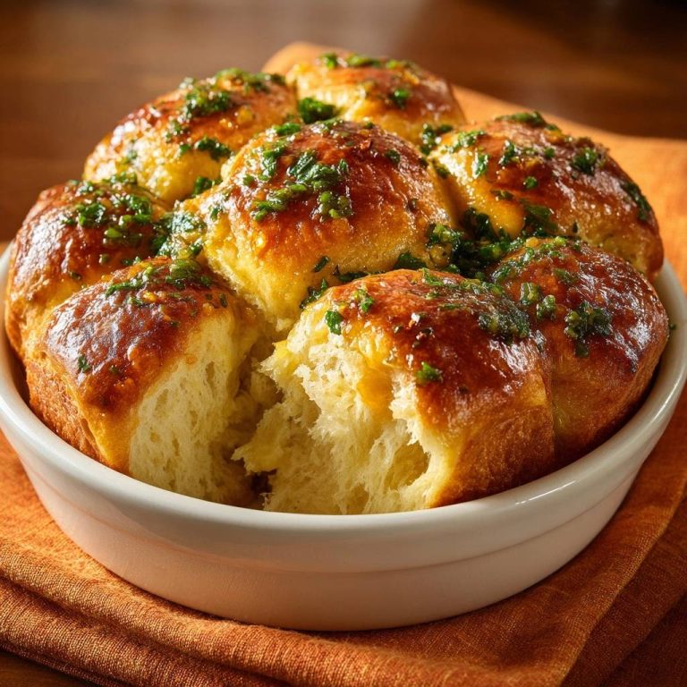 Kräuter-Käse-Pull-Apart-Brötchen, angeschnitten, zeigen das fluffige Innere und die goldbraune Kruste mit Kräutern.
